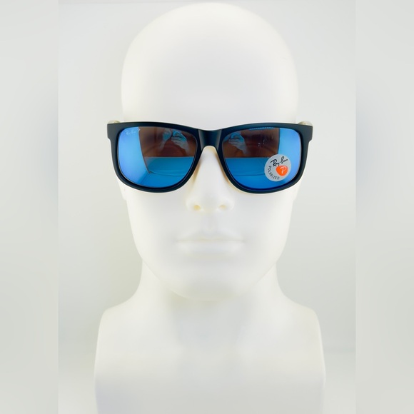 Ray-Ban Justin Sunglasses RB4165 Matte Rubber Black Frame Blue Mirror Lenses - Picture 3 of 15